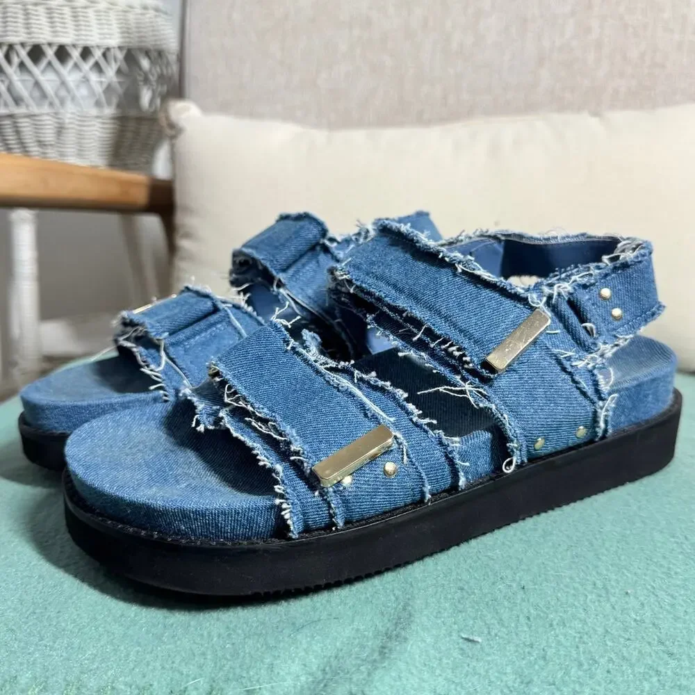 MINT VELVET Denim Raw Edge Sandals Women EU39 US8.5 Blue Platform Grunge Boho